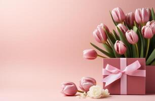 ai generato regalo scatola con rosa nastro e del bambino respiro, rosa tulipani, e rosa fiori foto