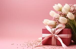 ai generato regalo scatola con rosa nastro e del bambino respiro, rosa tulipani, e rosa fiori foto