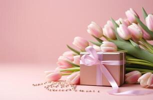 ai generato regalo scatola con rosa nastro e del bambino respiro, rosa tulipani, e rosa fiori foto