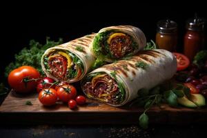 ai generato salutare carne e verdura burrito con avocado, pomodori, cetrioli, lattuga e pomodori, foto