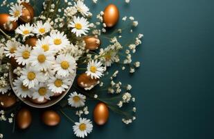 ai generato Pasqua uovo con bianca margherita, bambino respiro, e arancia fiori su un' buio verde sfondo foto