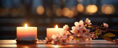 ai generato Due candele con fiorire fiore su tavolo con bokeh foto