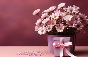 ai generato rosa fiore preparativi con scatole di fiori e un' nastro, foto