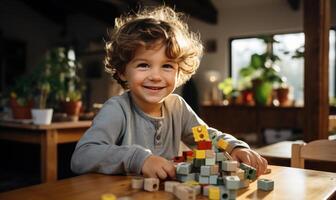 ai generato uomo e figlio giocando con giocattolo blocchi nel il cucina foto