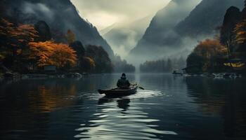 ai generato assolo persona pesca nel un' piccolo barca nel un' tranquillo, calmo lago, foto