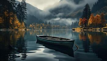 ai generato assolo persona pesca nel un' piccolo barca nel un' tranquillo, calmo lago, foto