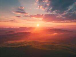 ai generato Alba al di sopra di il orizzonte di il montagne aereo Visualizza cinematico foto. alta risoluzione. ai generativo foto