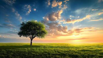 ai generato uno albero su un' largo erba pianura con un' blu-rosa cielo. un' bellissimo paesaggio tramonto. alta risoluzione. ai generativo foto