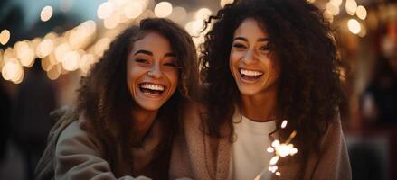 ai generato Due donne sorridente come essi hold sparklers e un fine foto