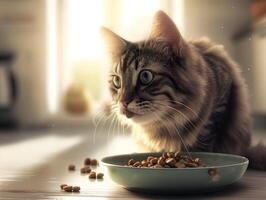 ai generato un' Marrone gatto mangia gatto cibo nel un' leggero luminosa camera. alto qualità. ai generativo foto