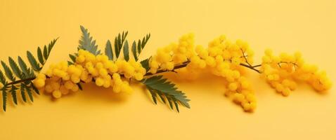 ai generato giallo fiori con le foglie contro un' luminosa giallo sfondo foto