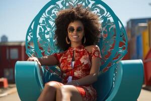 ai generato giovane donna seduta nel un' spiaggia sedia, nel il stile di afro-caraibici influenza, foto