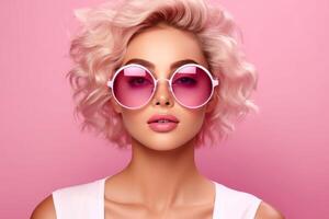 ai generato giovane bella donna su rosa sfondo con occhiali da sole bellezza foto