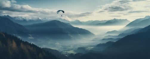 ai generato Due paracadutismo parapendio volare passato un' nebbioso montagna foto