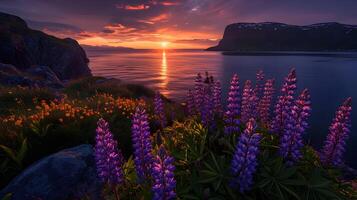 ai generato sfondo lunatico tramonto oceano sole e montagne. viola fiore su il vicino Visualizza. alta risoluzione. ai generativo foto