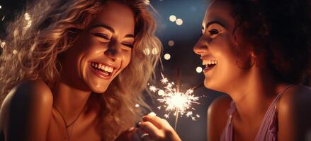 ai generato Due femmina amici Tenere un' sparkler e sorridente foto