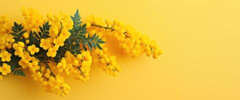 ai generato un' mazzo di mimosa fiori su un' giallo sfondo foto