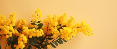 ai generato un' mazzo di mimosa fiori su un' giallo sfondo foto