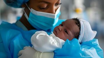 ai generato avvicinamento foto di un' medico Tenere un' neonato bambino nel sua mani. alto qualità. ai generativo