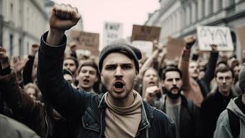 ai generato persone protesta a città strade a giorno volta, iperrealistico stile, neurale Rete generato Immagine foto