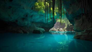 ai generato Visualizza a partire dal in profondità entro un' grotta di un' turchese blu lago, neurale Rete generato Immagine foto