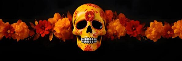 ai generato dia de los muertos o giorno di il morto celebrazione bandiera sfondo con cranio e giallo fiori, neurale Rete generato Immagine foto