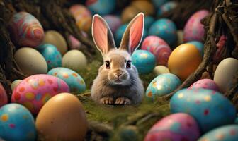 ai generato un' coniglietto seduta nel colorato uova circostante lui foto