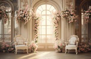 ai generato un' camera decorato con fiori e sedie foto