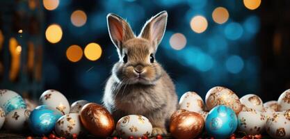 ai generato un' piccolo coniglio si siede Il prossimo per un' mazzo di colorato Pasqua uova, foto