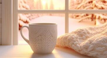 ai generato un' bianca tazza si siede su un' finestra davanzale vicino alcuni inverno scenario foto