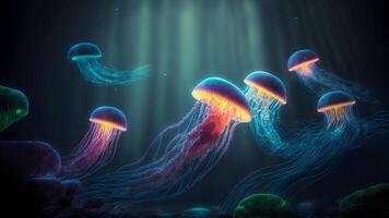 ai generato raggiante mare meduse su buio sfondo, neurale Rete generato arte foto