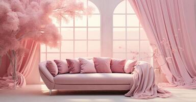 ai generato un' rosa divano nel un' camera con bianca tendaggio foto