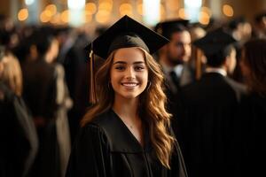 ai generato un' giovane diplomato chi è sorridente nel davanti di il folla foto