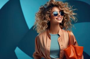 ai generato un' donna indossare occhiali da sole su un' blu sfondo con shopping borse nel mano foto