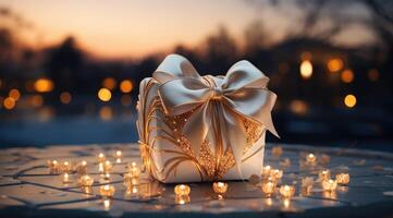 ai generato un' argento cuore regalo scatola con arco e d'oro nastro su un' soleggiato notte cielo foto