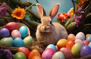 ai generato un Pasqua coniglietto è guardare a un' gruppo di colorato uova foto