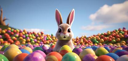 ai generato un Pasqua coniglietto è guardare a un' gruppo di colorato uova foto