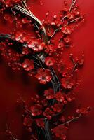 ai generato un astratto rosso sfondo con rosso fiori e rami foto
