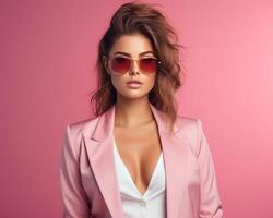 ai generato bellissimo attraente giovane donna in posa nel rosa blazer con occhiali da sole su rosa foto