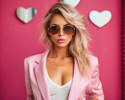 ai generato bellissimo attraente giovane donna in posa nel rosa blazer con occhiali da sole su rosa foto