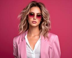 ai generato bellissimo attraente giovane donna in posa nel rosa blazer con occhiali da sole su rosa foto