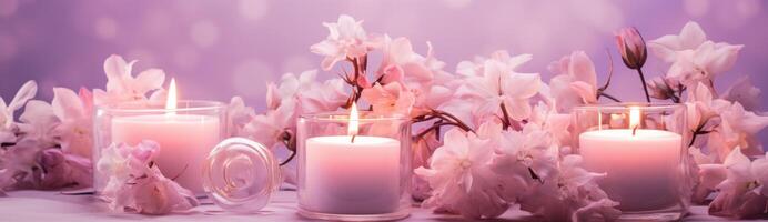 ai generato un Immagine di candele e fiori con viola fiori foto