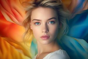 attraente giovane adulto caucasico donna su colorato sfondo. neurale Rete generato fotorealistico Immagine. foto