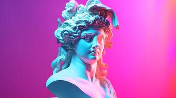 ai generato bianca scultura di un astratto greco divinità brillantemente illuminato con neon colori, neurale Rete generato Immagine foto