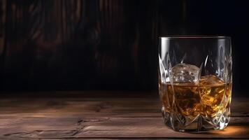 ai generato whisky su rocce nel bicchiere su rustico di legno sfondo con copia spazio, neurale Rete generato Immagine foto