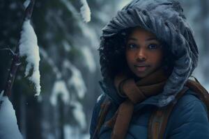 ai generato africano americano donna nel foresta a nevoso inverno sera, neurale Rete generato fotorealistico Immagine foto