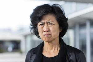 ai generato disgustato anziano asiatico donna ritratto. neurale Rete generato fotorealistico Immagine foto