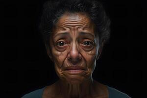 triste pianto anziano latino americano donna ritratto su nero sfondo. neurale Rete generato fotorealistico Immagine foto