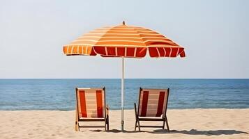 ai generato spiaggia ombrello con sedie su il sabbia spiaggia - estate vacanza tema intestazione, neurale Rete generato arte foto