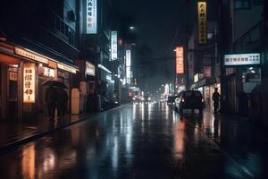 ai generato tokyo strade a piovoso notte, neurale Rete generato iperrealistico Immagine foto